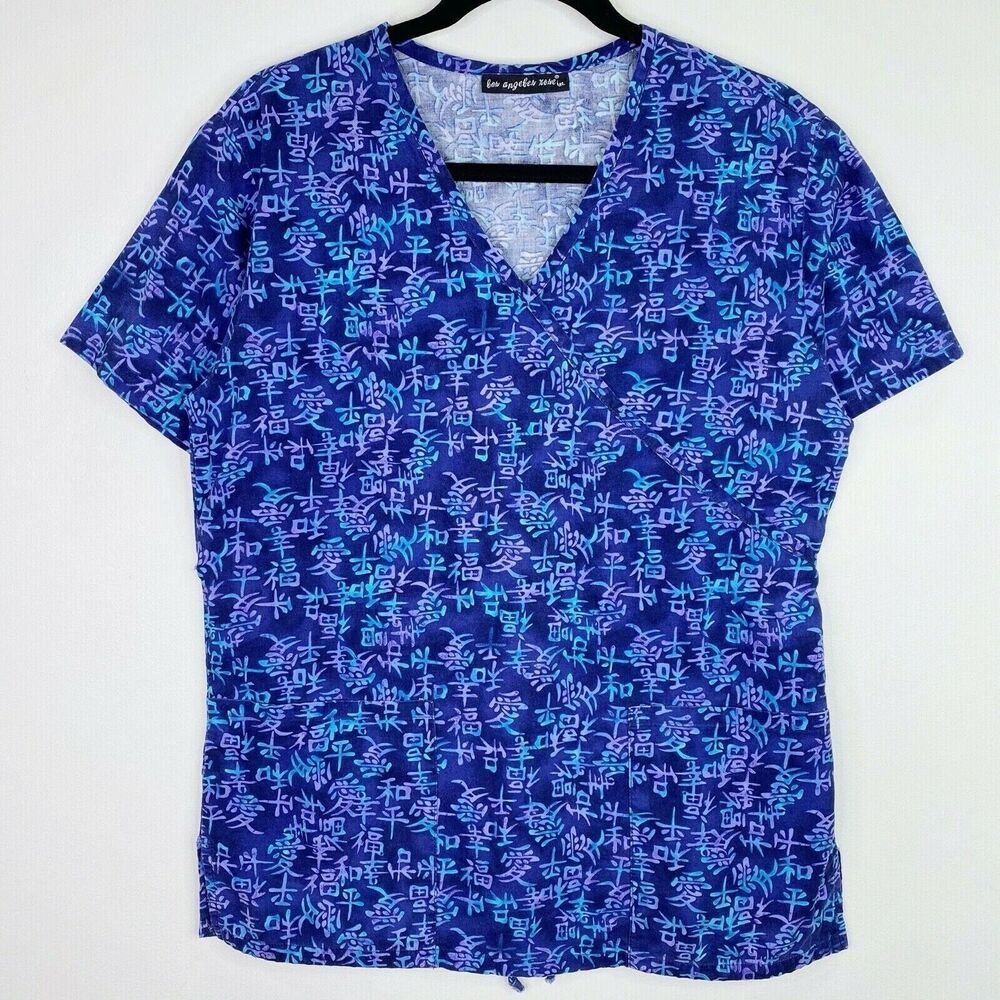 Los Angeles Rose Blue Patterned Tie Back Scrub Top Shirt Size Small S